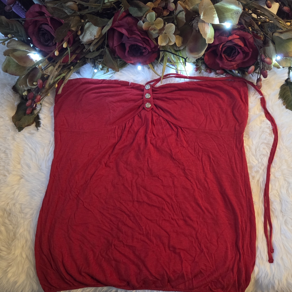 RARE Vintage Y2K Red Cami Floral Button Tie Up Halter Top